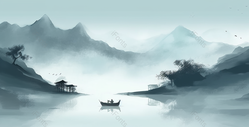 巍峨秀美新中式蓝色水墨意境山水画,插画/手绘图,插画/手绘图库,插画/手绘图下载,插画/手绘